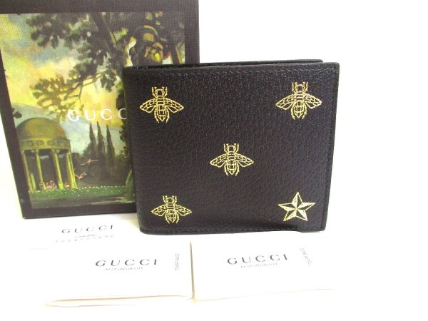 Photo1: GUCCI Animalier Bee Motif Black Leather Bifold Wallet Compact Wallet #a245