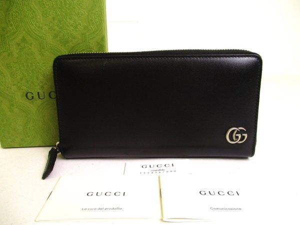 Photo1: GUCCI Marmont GG Black Leather Round Zip Long Wallet #a253