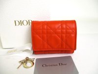 Christian Dior Cannage Orange Leather Lady Dior Trifold Wallet #a258