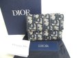 Photo1: Christian Dior Navy Blue Canvas Leather Lady Dior Trifold Wallet #a259 (1)