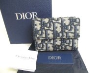 Christian Dior Navy Blue Canvas Leather Lady Dior Trifold Wallet #a259