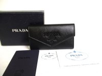 PRADA Black Saffiano Shine Leather 4 Pics Key Chain #a276