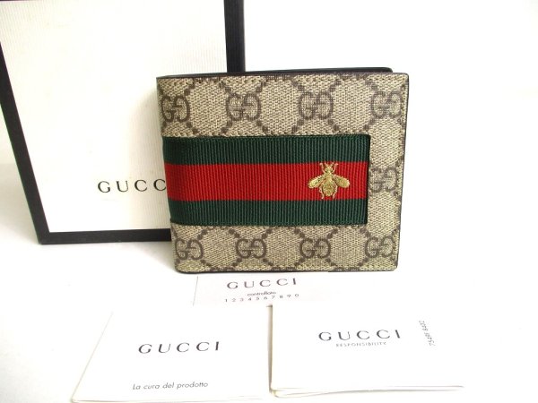 Photo1: GUCCI GG Supreme Leather Bee Motif Bifold Bil Wallet Compact Wallet #a299