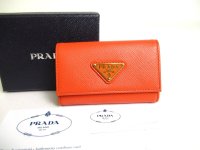 PRADA Orange Saffiano Triangle Leather 4 Pics Key Chain #a303