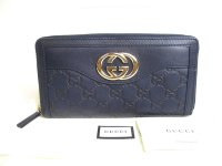 GUCCI GG Navy Blue Leather Round Zip Wallet #a306