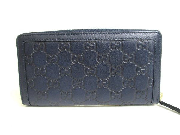 Photo2: GUCCI GG Navy Blue Leather Round Zip Wallet #a306