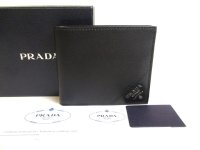 PRADA Saffiano Metal Black Leather Bifold Wallet Compact Wallet #a312