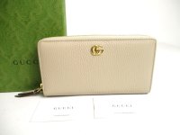 GUCCI Double G Beige Light Yellow Leather Round Zip Wallet #a338