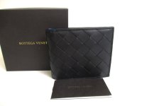 BOTTEGA VENETA Intrecciato Black Blue Leather Bifold Bill Wallet #a351