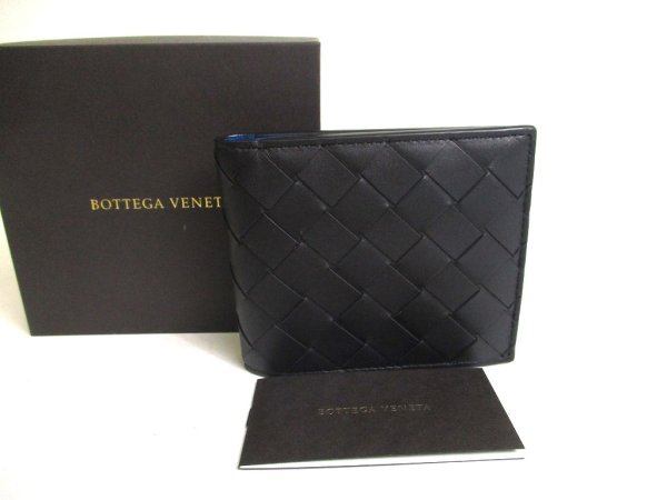 Photo1: BOTTEGA VENETA Intrecciato Black Blue Leather Bifold Bill Wallet #a351