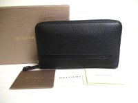 BVLGARI Octo Black Grain Leather Large Round Zip Long Wallet #a353