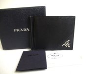 PRADA Black Saffiano Leather Bifold Bill Wallet w/Bill Clip #a357