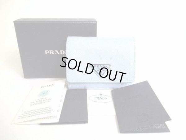 Photo1: PRADA Light Blue Saffiano Leather Trifold Wallet Compact Wallet #a365