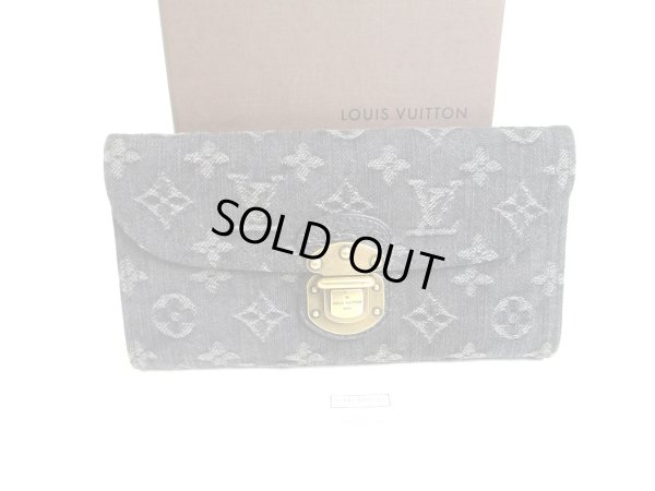 Photo1: LOUIS VUITTON Monogram Black Denim Musterd Yellow Leather Flap Long Wallet Amelia #a374