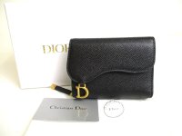 Christian Dior Black Leather Saddle Lotus Bifold Wallet Compact Wallet #a379