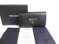 PRADA Black Saffiano Triangle Leather 4 Pics Key Chain #a387