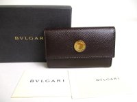 BVLGARI Dark Brown Leather Gold H/W 6 Pics Key Chain #a389