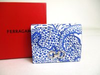 Salvatore Ferragamo Gancini Blue White Leather Bifold Wallet #a390