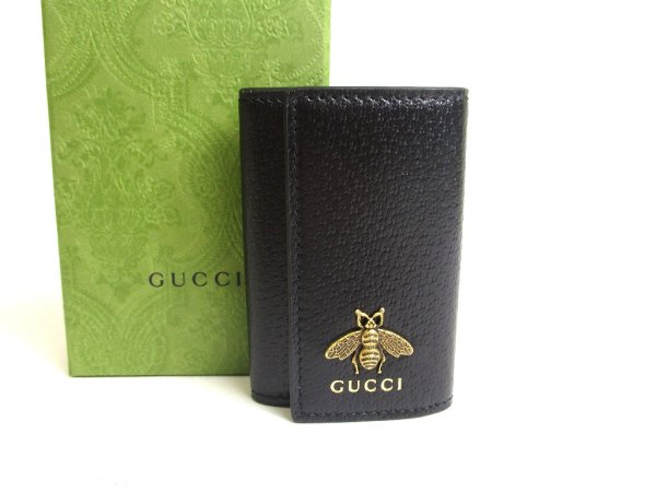 Photo1: GUCCI Bee Motif Black Leather 6 Pics Key Cases #a406