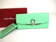 Photo1: Salvatore Ferragamo Gancini Light Green Leather Flap Long Wallet #a407 (1)