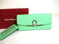 Salvatore Ferragamo Gancini Light Green Leather Flap Long Wallet #a407