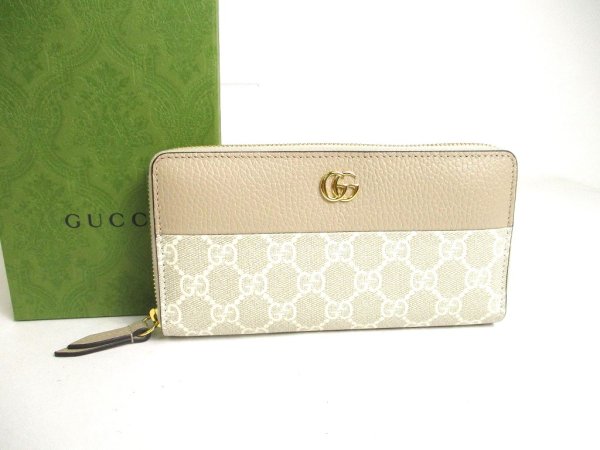 Photo1: GUCCI Marmont GG Beige Leather Round Zip Long Wallet #a409