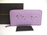 BOTTEGA VENETA Intrecciato Butterfly Motif Purple Leather Round Zip Wallet #a423