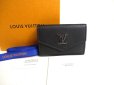 Photo1: LOUIS VUITTON Black Leather Trifold Wallet Lockmini Wallet #a424 (1)