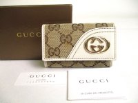 GUCCI GG Beige Canvas White Leather 6 Pics Key Chain #a427