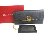 Salvatore Ferragamo Gancini Black Leather Gold H/W Flap Long Wallet #a429