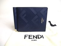 FENDI Shadow Card Holder Navy Blue Leather Bifold Bill Wallet #a435