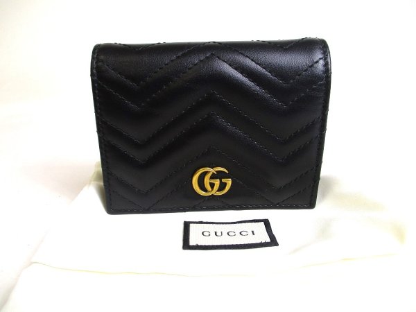 Photo1: GUCCI GG Marmont Black Leather Bifold Wallet Compact Wallet #a451