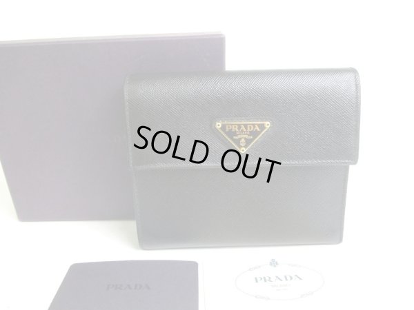 Photo1: PRADA Black Saffiano Leather Trifold Wallet Compact Wallet #a456