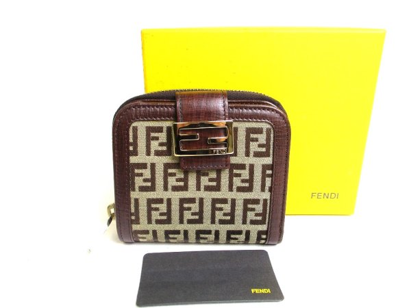 Photo1: FENDI Zucca Canvas Brown Leather Bifold Wallet Compact Wallet #a466