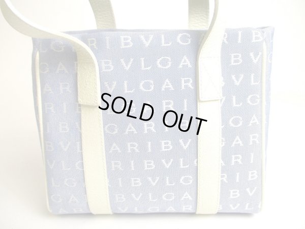 Photo2: BVLGARI Logo Mania Light Blue Canvas White Leather Tote Bag Mini #a467