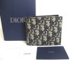 Photo1: Christian Dior Navy Blue Canvas Leather Lady Dior Bifold Bill Wallet #a473 (1)