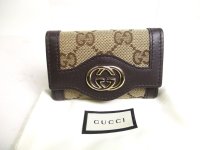 GUCCI GG Beige Canvas Brown Leather 6 Pics Key Chain #a474