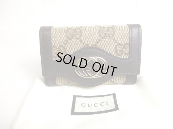 Photo1: GUCCI GG Beige Canvas Brown Leather 6 Pics Key Chain #a474