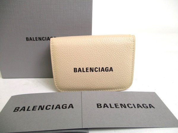 Photo1: BALENCIAGA Beige Leather Trifold Cash Mini Wallet Purse #a494