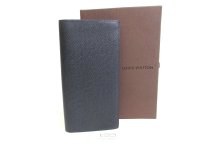 LOUIS VUITTON Black Taiga Leather Long Wallet Portefeuille Brazza #a496