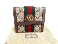 GUCCI Brown Leather Bifold Wallet Ophidia GG French Flap Wallet #a499