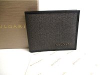 BVLGARI Weekend Coating Canvas Black Leather Gray Bifold Bill Wallet #a505