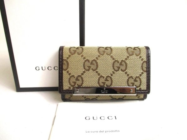 Photo1: GUCCI GG Beige Canvas Brown Leather 6 Pics Key Chain #a511