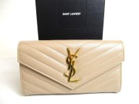 Saint Laurent Gold YSL Motif Beige Leather Long Flap Wallet #a525