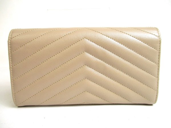 Photo2: Saint Laurent Gold YSL Motif Beige Leather Long Flap Wallet #a525