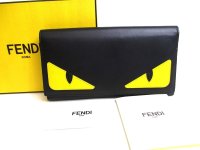 FENDI Black Red Leather Yellow Monster Bugs Eyes Flap Long Wallet #a534