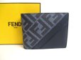 Photo1: FENDI Zucca Diagonal Navy Blue Fabric Leather Bifold Wallet Compact Wallet #a537 (1)