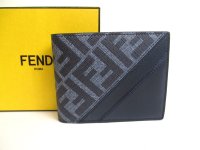 FENDI Zucca Diagonal Navy Blue Fabric Leather Bifold Wallet Compact Wallet #a537