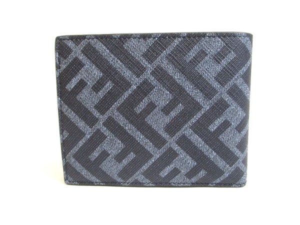 Photo2: FENDI Zucca Diagonal Navy Blue Fabric Leather Bifold Wallet Compact Wallet #a537