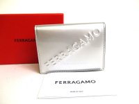 Salvatore Ferragamo Logo Silver Black Leather Business Card Holder #a543